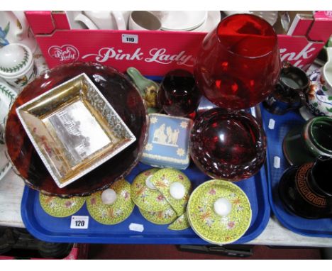 Venetian Ruby Glass Bowl and Ashtray , Chinese yellow dishes with covers, etc :- One Tray  