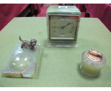 Green Onyx Rectangular Elliott Mantel Clock, green onyx ashtray with attached cold painted dog, and green onyx Colibri table 