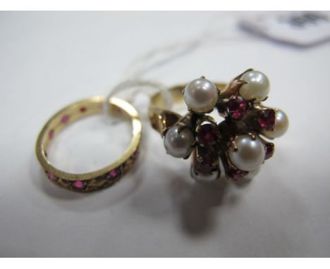 A Pearl Set Cluster Ring, claw set, stamped "9ct"; together with an eternity style band, stone set. (2) 