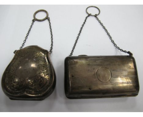 A Hallmarked Silver Ladies Purse, of shaped design with engraved decoration, on chain suspension with finger ring; together w
