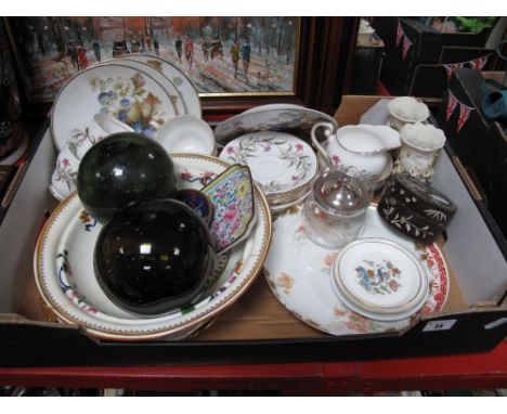 Royal Standard 'Fancy Free' Tea Ware, mother of pearl inlaid box, glass floats, enamel pin trays, etc:- One Box