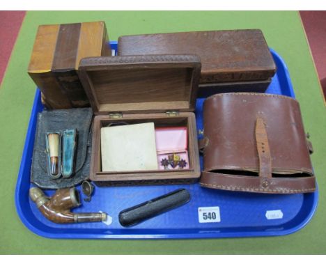 Edward VII Enamel Badge, Sheffield Transport buttons, binoculars, oak cigarette box, etc:- One Tray