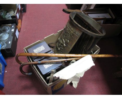 Circa XIX Century Walking Stick, brass magazine stand in circular form, sewing boxes, Coronation Souvenir Book, 1937, canvas 