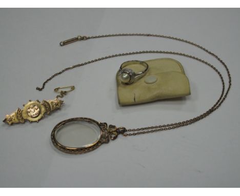 A Bar Brooch, stamped "9ct", in a fitted case, together with an oval locket pendant, with tied bow surmount, on a chain and a