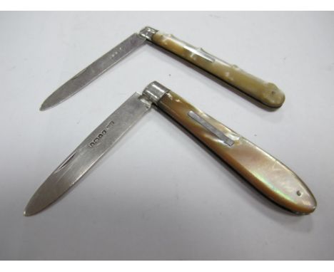 A Pair of Hallmarked Silver Bladed Fruit Knives, with mother of pearl handles, (Sheffield 1880 and 1882).