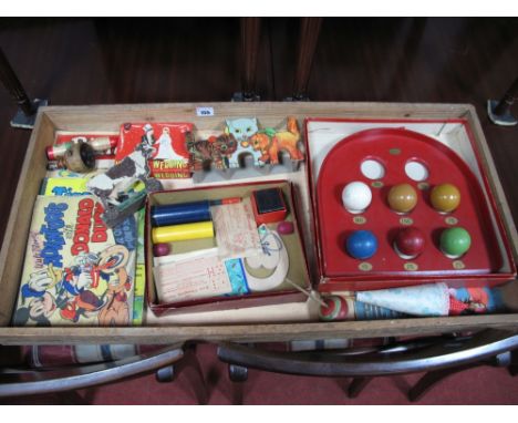 A Large Pine Tray of Vintage Toys, including a boxed Chad Valley carpet skill game, magic set, Winkles Wedding, Donald Duck b