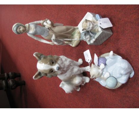 Nao Figure of a Dog, Nao figure of a Lady and a Dog by Her Side, Nao figures of Kittens in a Box and of a Cat in a Basket. (4