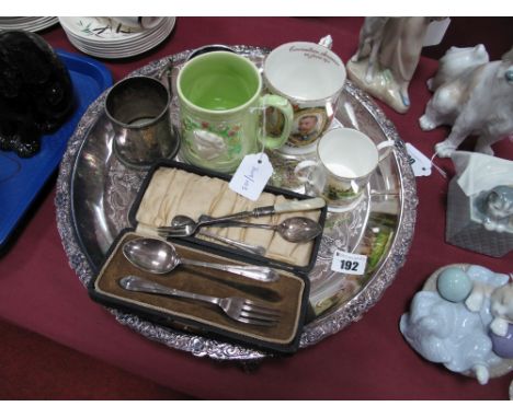 Plated Circular Tray, cased fork and spoon, commemorative mugs etc.