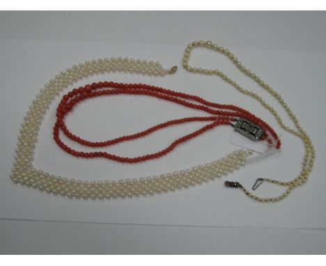 Graduated Mother of Pearl Coloured Necklace, with sterling silver clasp, another four row example stamped 'G585' to clasp, a 