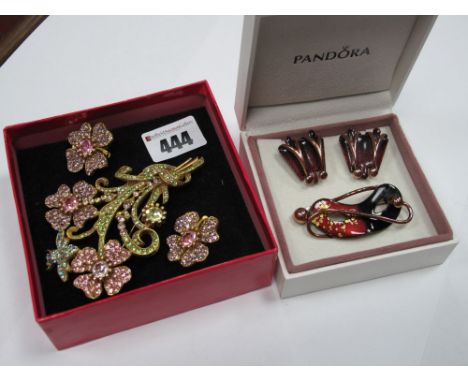 Butler & Wilson; A Large Floral Spray Brooch, boxed; together with a pair of clip earrings and a modern enamel brooch stamped