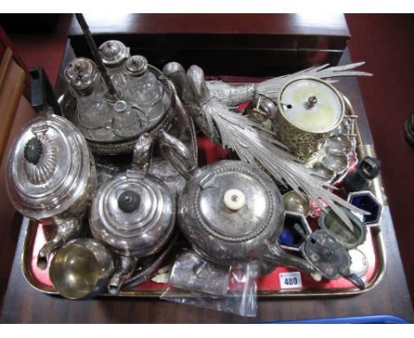 Early XX Century Silver Hallmarked Cigarette Case, late XiX Century plated teapot, plated three piece cruet set, etc:- One Tr