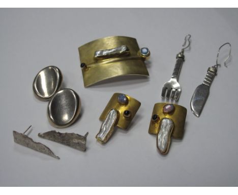 A Modern Opal and Pearl Set Panel Pendant Brooch, of abstract design; together with a pair of matching earrings; and three fu