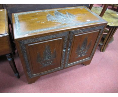 XX Century Chinese Camphor Wood Cabinet, top with a carved frieze, carved with junk boats, and fishing boats to  twin doors, 