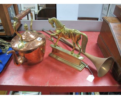 A Victorian Copper Kettle, brass acorn finial and swan neck spout, a brass doorstop modelled as a horse on a plinth, a toasti