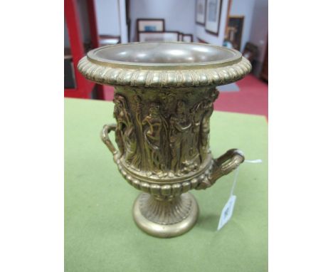 A XIX Century Brass Twin Handled Urn, cast decoration of a frieze of classical figures dancing and playing musical instrument