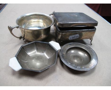 Silver Ring Box, on cabriole feet (one absent), Art Deco dish, two handled bowl and pin tray. (4)