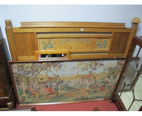 Mid XX Century Light Oak Double Headboard, hand carved foliate and 'Sweet Dreams' to centre panel, mirror, large tapestry. (3