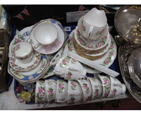 A Colclough Ten Setting China Tea Service, printed band of rose heads and foliage, china posy, sandwich set, Aynsley sandwich