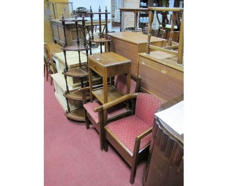 Two Corner Whatnots, having turned supports to quadrant shelves; two commode chairs, oak side table, stool. (6) 