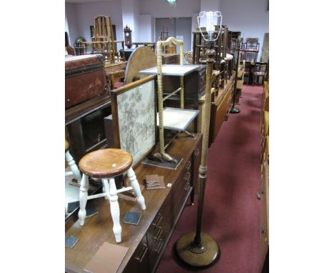 Firescreen, wicker cake stand, standard lamp, painted stool. (4)