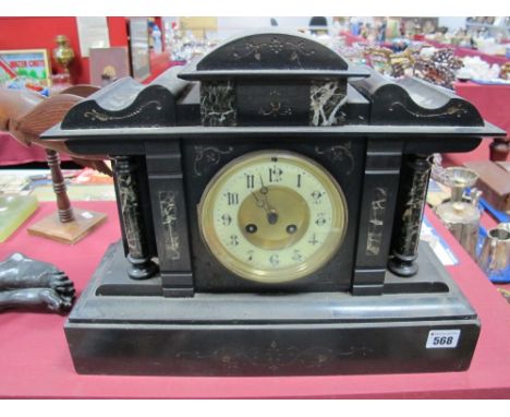 A Late XIX Century Black Slate 8 Day Mantel Clock, of architectural form, marble columns, ivorine chapter ring, Arabic numera