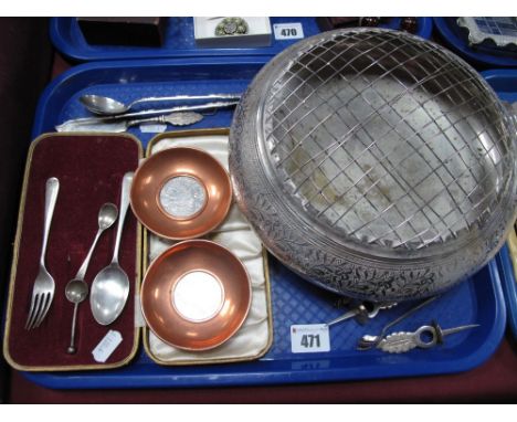 A Collection of 'Persian Style' White Metal Skewers, butter knife, sugar tongs, pickle fork etc, silver hallmarked salt spoon