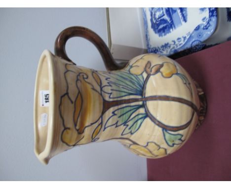 Royal Cauldon Art Deco Jug Vase, with tubelined floral decoration on beige ground. 31cms high. 