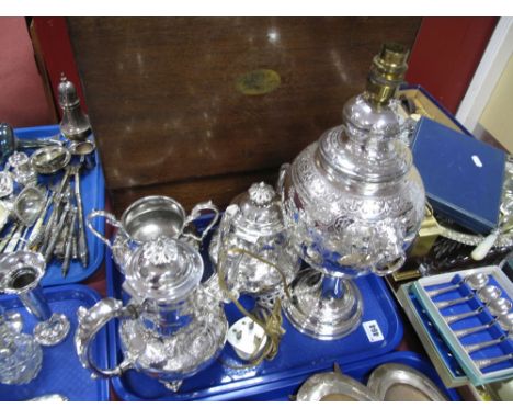 Superior Sheffield Plate Four Piece Tea Service, tea urn converted to a lamp:- One Tray 