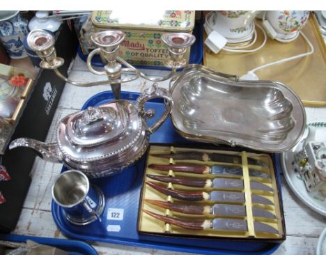 A Silver Plated Georgian Style Teapot, silver plated swing handled dish, etc:- One Tray