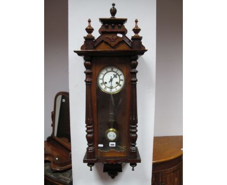 An Early XX Century Vienna 8 Day GB and Foreign Wall Clock, white enamel dial, Roman numerals, arched pediment, applied ring 