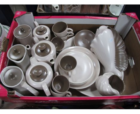 Poole Pottery Two Tone Brown Coffee Table Ware, of thirty pieces including shell posies.