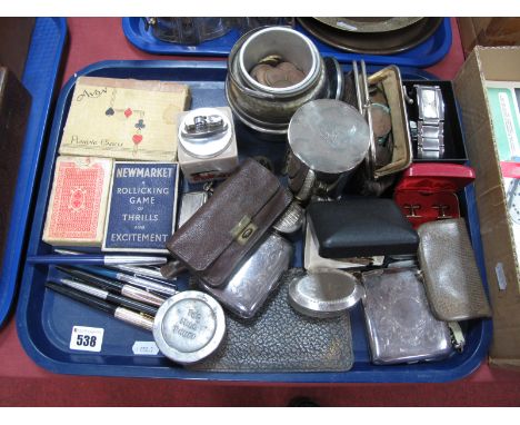 Playing Cards, plated early XX Century cigarette cases, pen knives, fountain pens,pre decimal coinage, chrome tea caddy etc:-