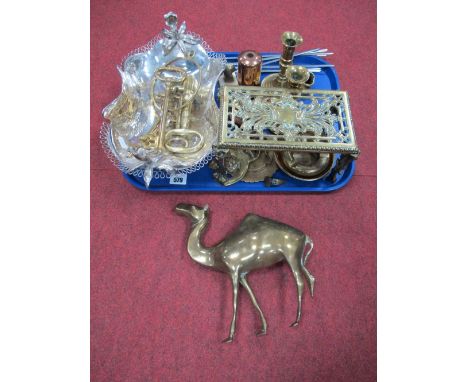 An Electroplated Pedestal Dish, cast with flowers and foliage, brass trivet, carved horse brasses, candlestick, novelty brass