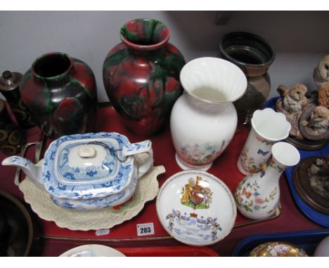 A Minton Hollins Astra Ware Vase, together with another similar, a Victorian transfer print teapot, Crown Devon leaf moulded 