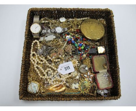 A Mixed Lot of Assorted Costume Jewellery, including chains, brooches, beads, wristwatches, powder compact, etc.