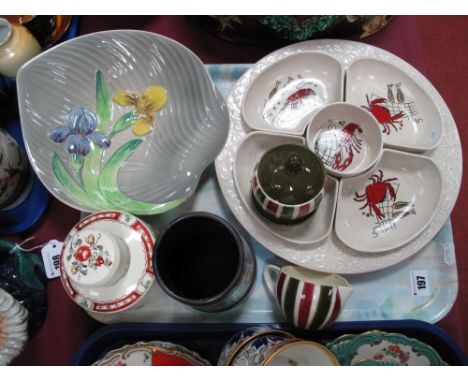 Crown Derby Bowl, Shorter floral heart shaped bowls, Hummel cream jug and sugar bowl, XIX Century circular lidded jar, Celtic