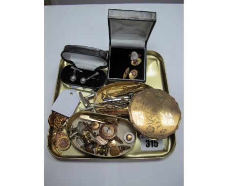 Tie Slides, coin bracelet, powder compact, cufflinks, dress studs, etc:- One Tray