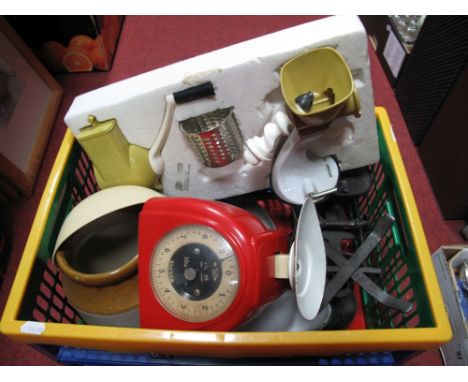 Kitchenalia- Cast Iron Scales and Wights, with enamel green/white pan, a 1950's red  plastic bodied Salter kitchen scales wit