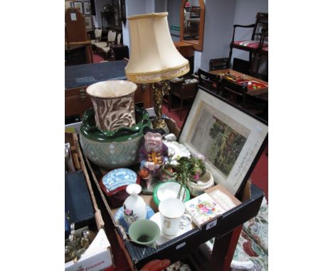 Onyx Table Lamp, with gilded cherub, green Langley Ware jardiniere with fluted rim, Beswick vase, Melba Ware toby jug and oth