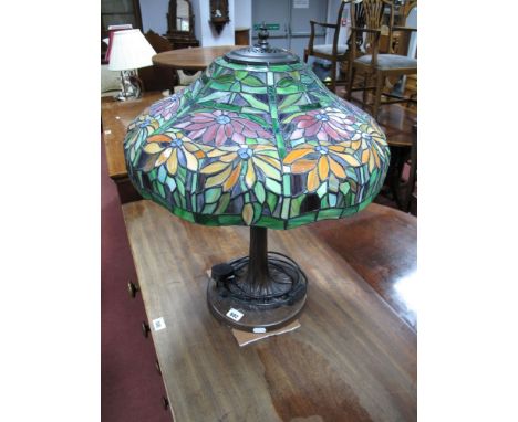 Tiffany Style Table Lamp, having floral shade 47cms diameter, on naturalistic base. 