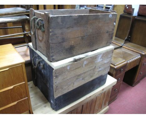 Two Pine Rectangular Shaped Planters, with rope handles, (ex ammunition boxes). 