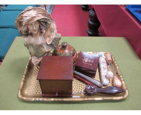 A Victorian Mother of Pearl and Abalone Spectacle Case, brass hinged opening, hat pins, mahogany cigarette dispenser, a jar a