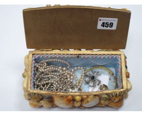 Bangle, beads, curb link bracelets etc, contained in a shell carved trinket box. 