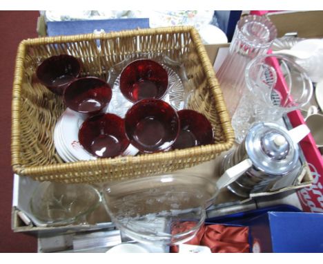 Heatmaster Teapot, glass vases, ruby glass sundaes, Chinese plates, basket, etc:- One Box 