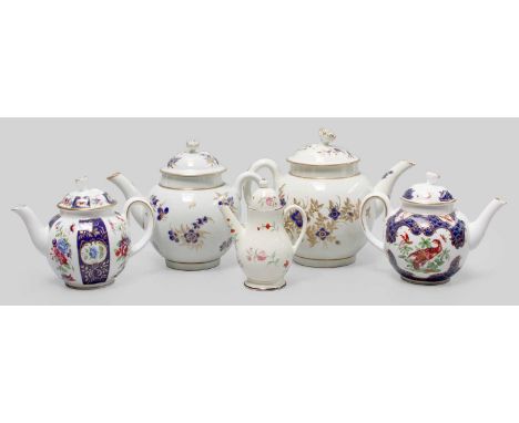 A Worcester Porcelain Teapot and Cover, circa 1780, painted with blue and gilt sprays under gilt dentil rims, open crescent m