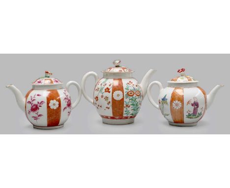A Worcester Teapot, circa 1765, probably decorated in the atelier of James Giles in the Scarlet Japan style, painted with pan