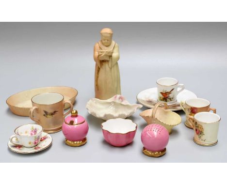 A Royal Worcester Porcelain Candle Snuffer, formed as a monk, blush ground, together with other Royal Worcester miniatures in