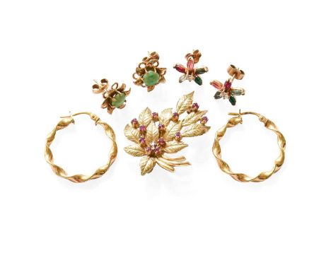 A Small Quantity of Jewellery, comprising of a 9 carat gold ruby spray brooch, measures 3.8cm by 3.0cm; a pair of 9 carat gol
