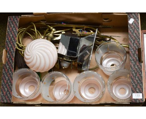 An Art Deco Four Light Chandelier, decorated with figural silhouettes and with glass shades, a Bakelite desk lamp, another la
