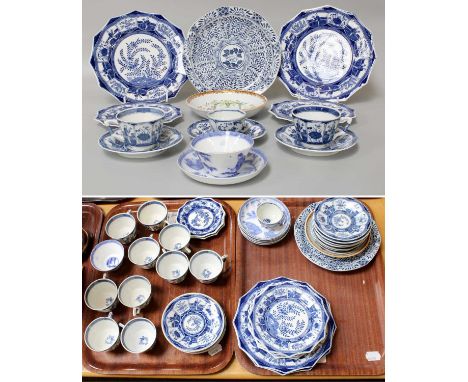 A Quantity of English Chinoiserie Porcelain, including a blue and white part tea service, painted with panels of figures, Sud